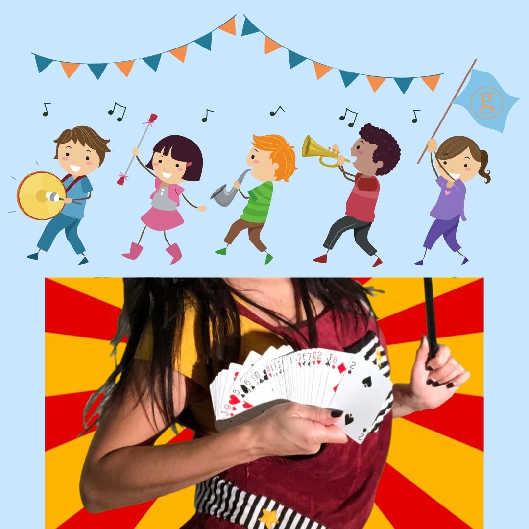 Kids in a marching band, Woman with a hand full of cards