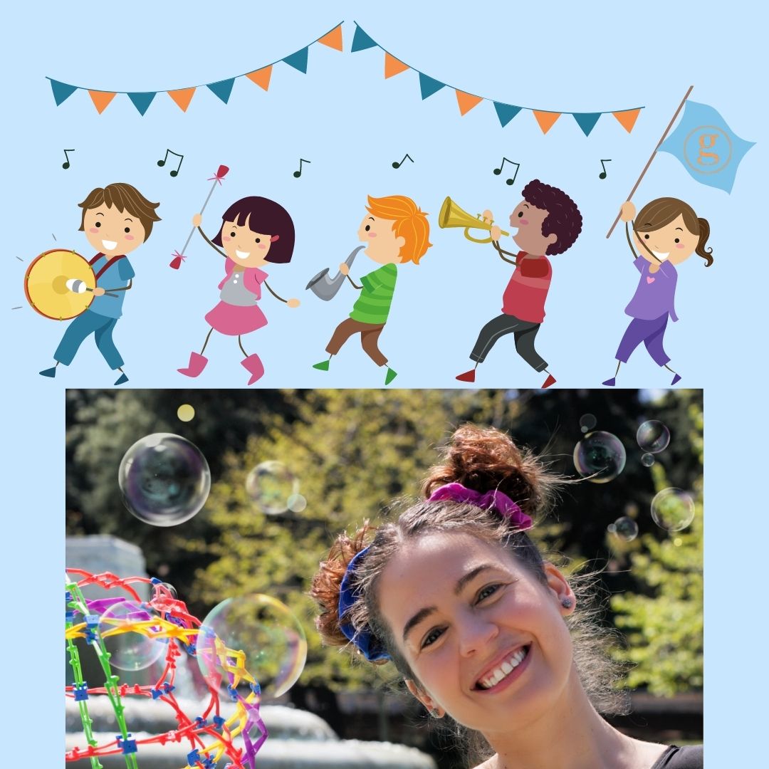 Kids in a marching band, woman with a bubble maker