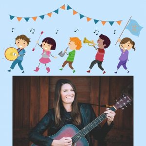 Kids in a marching band, woman smiling and holding guitar