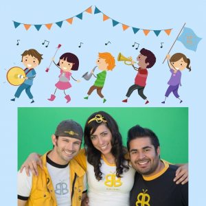 Kids in a marching band, three people hugging and smiling at camera